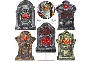 Thremhoo 17”Rip Tombstones Halloween Decorations with 2 Spiders & Spiderweb Light Up Headstones for Graves Metal Stakes Indoor Outdoor Scary Yard Sign Vintage Glow In The Dark Cemetery Lawn Decor