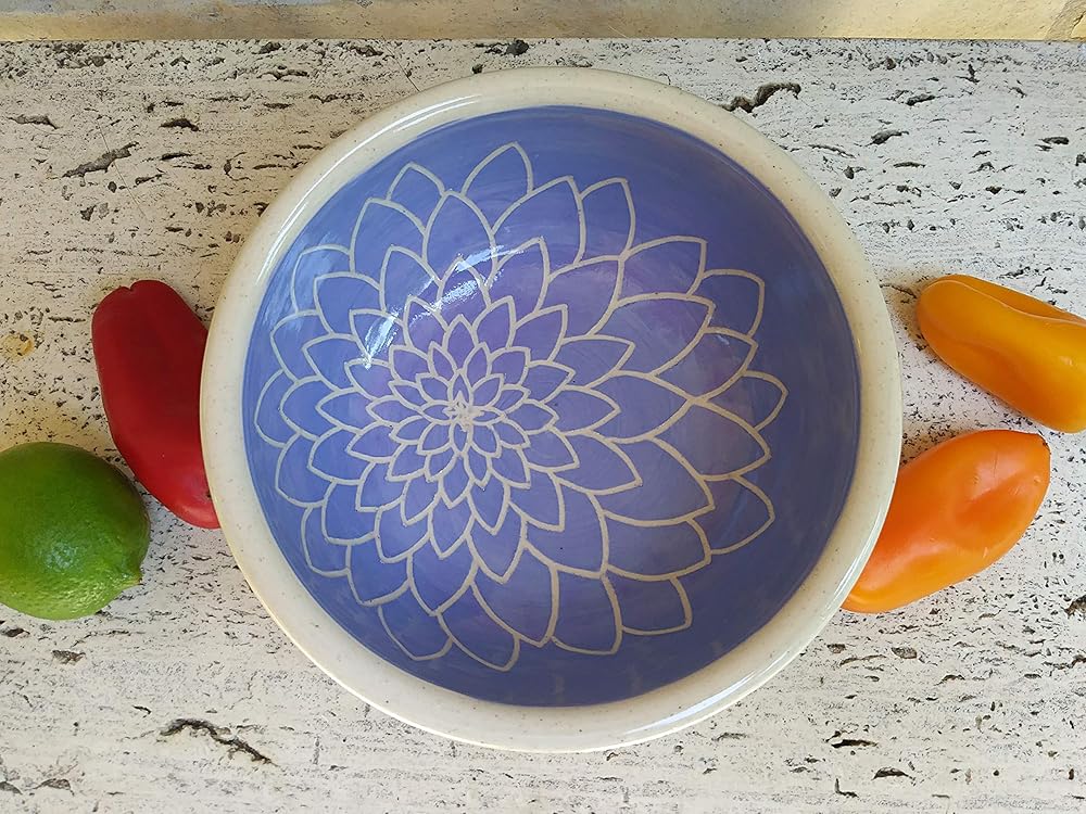 Pottery Bowl, 6.5 inch, Lavender Dahlia Flower Stoneware