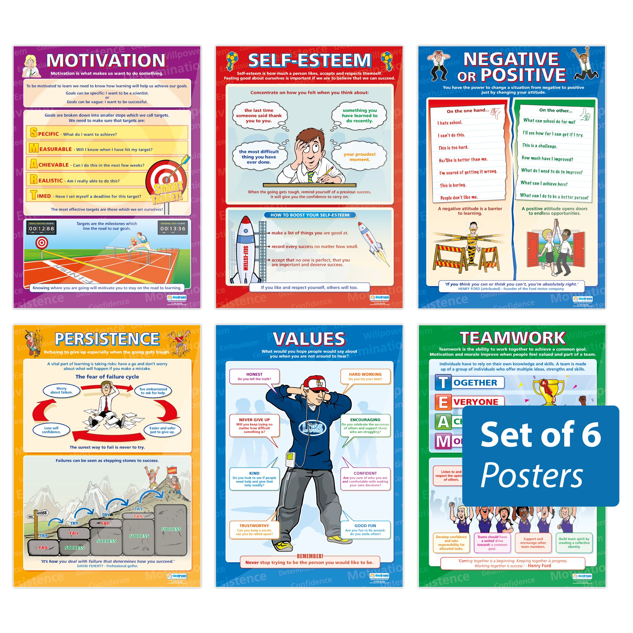 Motivation Posters - Set of 6 | Motivation Posters | Gloss Paper measuring 850mm x 594mm (A1) | PSHE Charts for the Classroom | Education Charts by Daydream Education