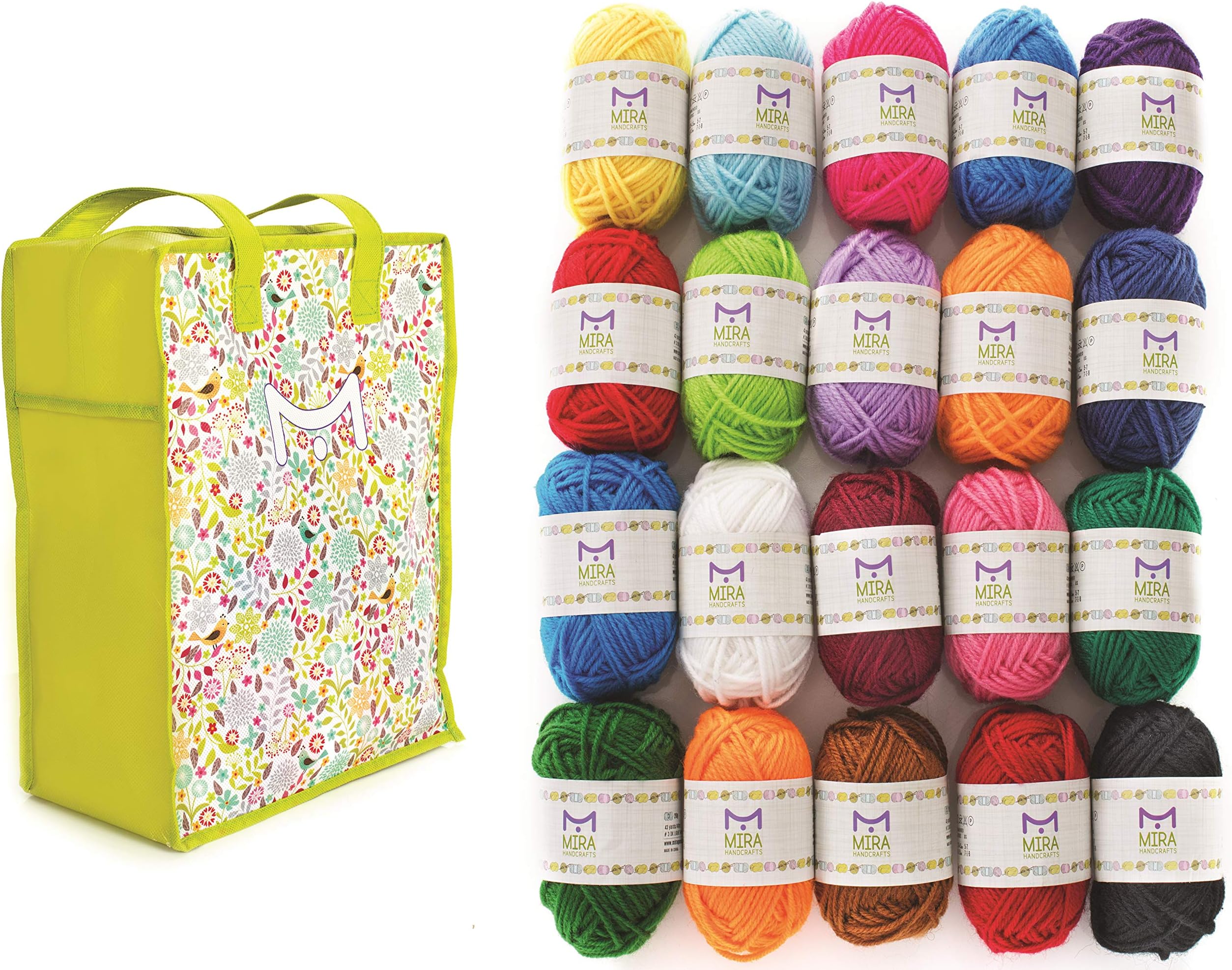 Mira Handcrafts 20 Acrylic Yarn Balls | Total of 875 Yards Knitting and Crochet Yarn | Perfect Starter Kit | Multicolor Yarn Set | Storage Bag and 7 Ebooks with Patterns Included | DK Craft Yarn Pack
