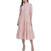 D-Sun Women Floral V-Neck Maxi Dress Button Down Printed Short Puff Sleeve Tiered Collared Flowy Elegant Long Dress Pocket
