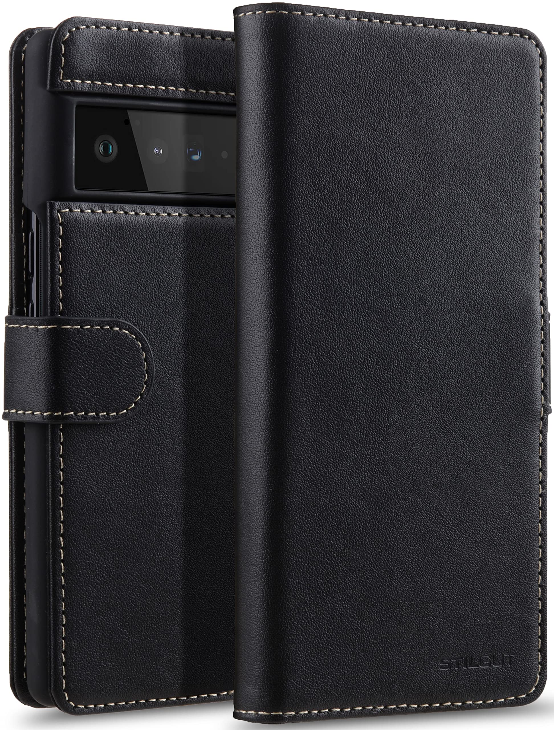 STILGUT Case Compatible with Google Pixel 6 Pro Case with Magnetic Clasp Genuine Leather Nappa Black — image 1