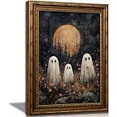 Vintage Gold Framed Ghost Wall Art, Gothic Horror Forest Poster Artwork | Halloween Cute Ghost Wall Decor, Dark Academia Fall Moody Wildflowers Canvas Prints for Living Room Bedroom (9X11in)