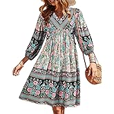 BTFBM Women Casual Spring Summer Dresses V Neck 3/4 Long Sleeve Ruffle Floral Flowy Boho Babydoll Mini Short Beach Dress
