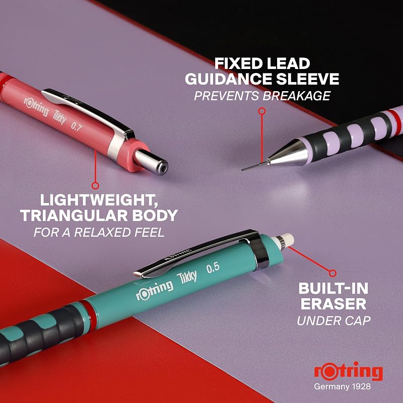rOtring Tikky lápis mecânico em tons pastel | HB de 0,7 mm | Opala Azul | com pegas de borracha confortáveis | 12 unidades