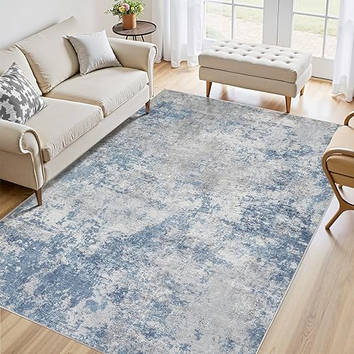 5x7 Washable Living Room Rug: Non-Slip Modern Abstract Area Rug for Bedroom Dining Room, Soft Low Pile Carpet Suitable for Families with Children, Blue/Grey