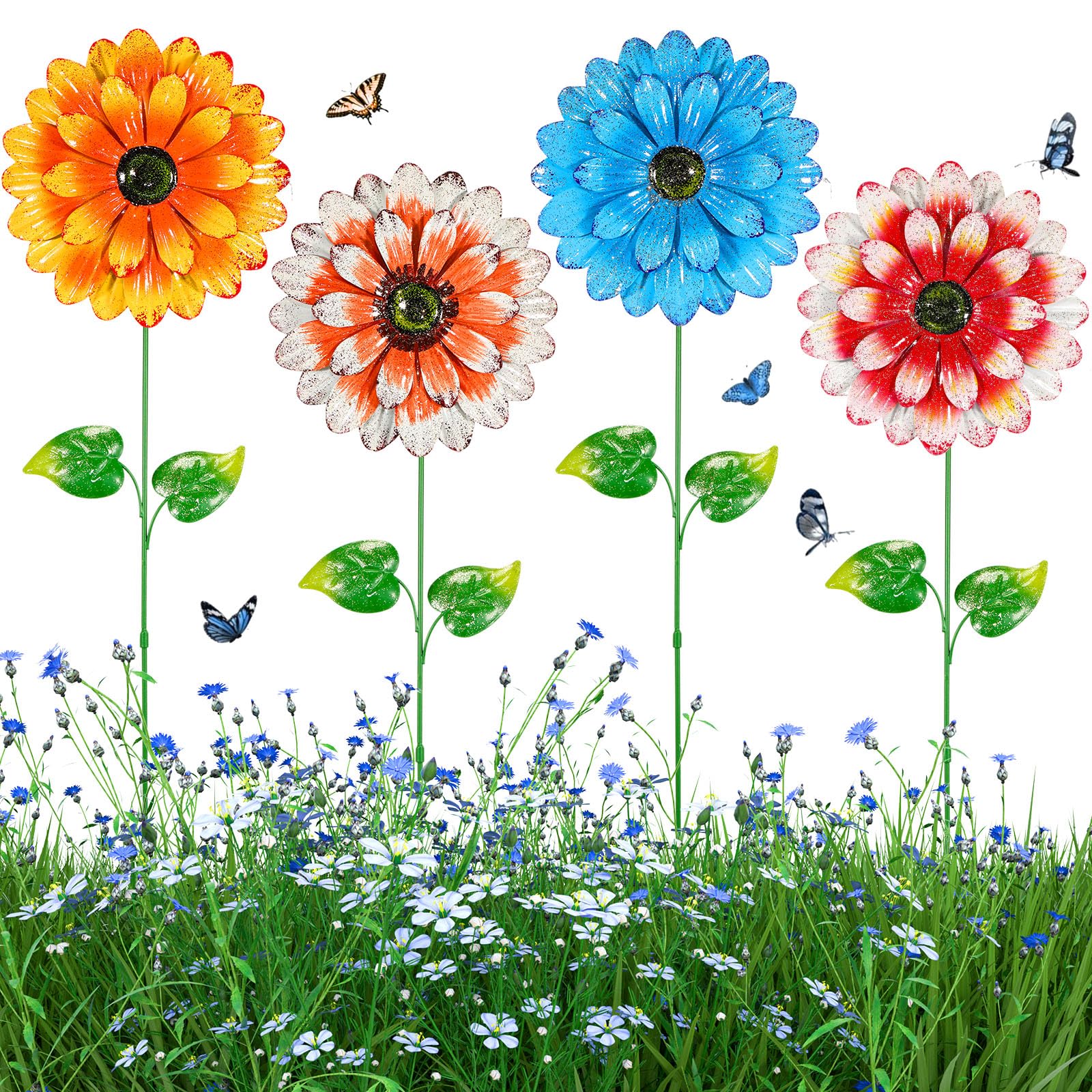 Photect 4 Pieces Decorative Garden Stakes Decorative 20'' Metal Flowers Garden Decor Yard Decorations Outdoor Flower Plant Stick Floral Picks for Lawn Front Patio Barnyard Party Outside Pathway Art