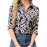 Wrinkle-Resistant Women Silky Button Down Shirts Fashion Printed Long Sleeve Blouse Dressy Casual Tops