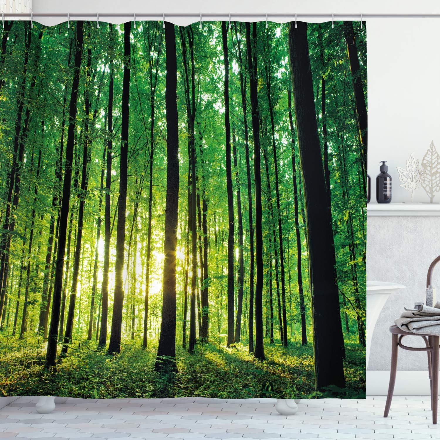 Ambesonne Forest Shower Curtain, Green Woodland at Sunrise Scenic Morning Nature Environment Ecology Serenity, Cloth Fabric Bathroom Decor Set with Hooks, 70" Long, Green Black