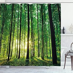 Ambesonne Forest Shower Curtain, Green Woodland at Sunrise Scenic Morning Nature Environment Ecology Serenity, Cloth Fabric Bathroom Decor Set with Hooks, 70" Long, Green Black