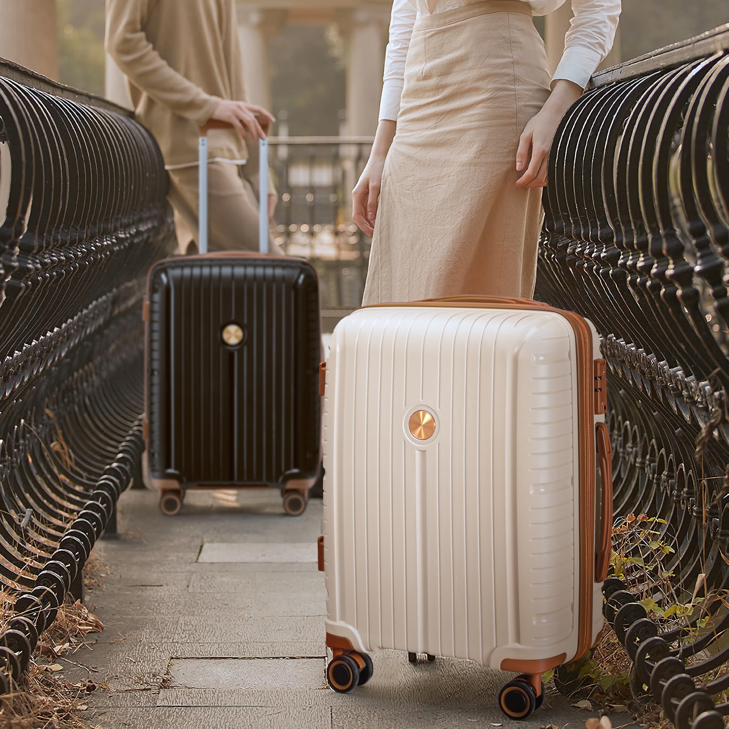 Joyway Luggage Sets 5 Piece PP Hardshell Carry on Suitcase, Travel Lightweight Carry-on with Double Spinner Wheels and TSA Lock, Beige Brown