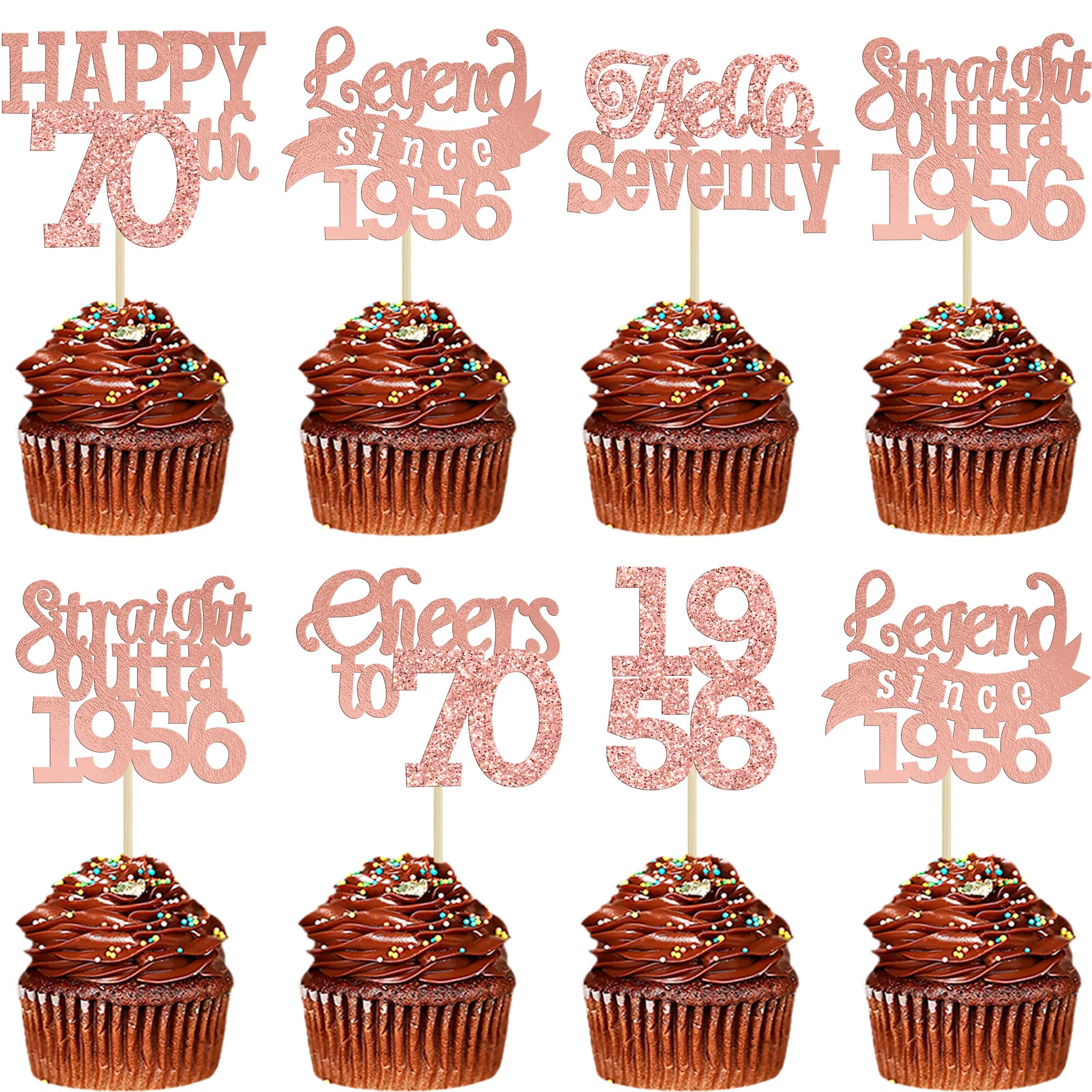 Gyufise 24Pcs Happy 70th Birthday Cupcake Toppers Hello Seventy Legend Since 1956 Cupcake Picks Cheers to 70 Years Cake Decorations for 70th Birthday Anniversary Party Supplies Rose Gold