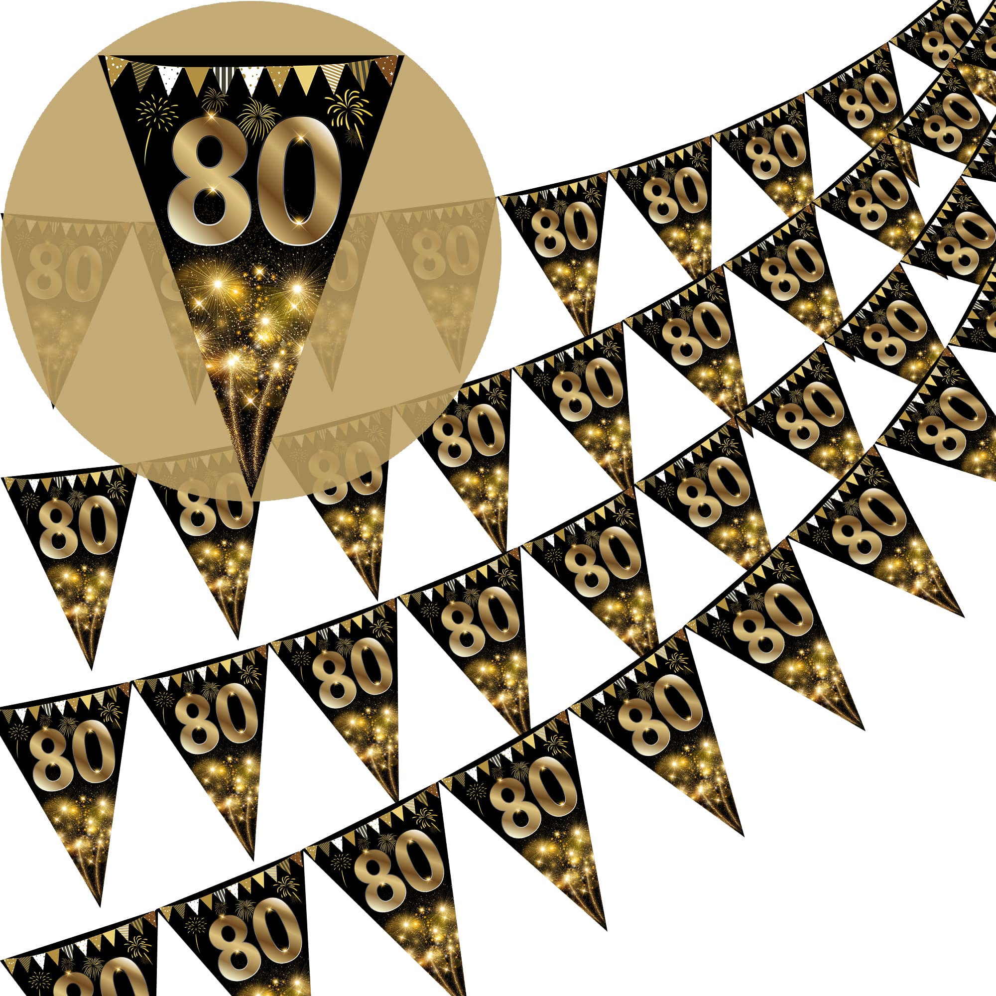 40Pcs Happy 80th Birthday Banner Bunting Flags - Gold and Black Glitter 80th Anniversary Party Decoration Supplies, Triangle Flag Banners for Men Women