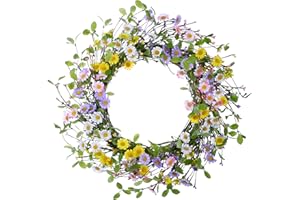 VioletEverGarden Summer Wreaths for Front Door 20 Inch Artificial Flower Wreath Colorful Daisy Wreath with Green Leaves and Berries for kitchen Bedrooms Decorations