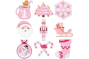 KIRAKO 9 Pcs Pink Christmas Iron on Patches Cute Nutcracker Santa Claus Sew on Repair Embroidered Applique Merry Xmas Winter Holiday New Year Eve Seasonal DIY Crafts Gift for Costume Clothing Backpack Hat