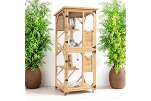 GIODIR 71" H Cat Catio Outdoor Cat Enclosure Window, 4 Tiers Cat Wooden House Cage on Wheels, Large Catios for Cats Indoor Patio with Waterproof Roof, Removable Floor and Scratching Post (Natural)