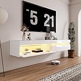 basenji 71" Floating TV Stand Wall Mounted,Solid Wood Entertainment Center with LED Lighting & Power Outlet, High-Gloss Modern Media Console for TVs up to 85",Tv Consoles for Living Room,White