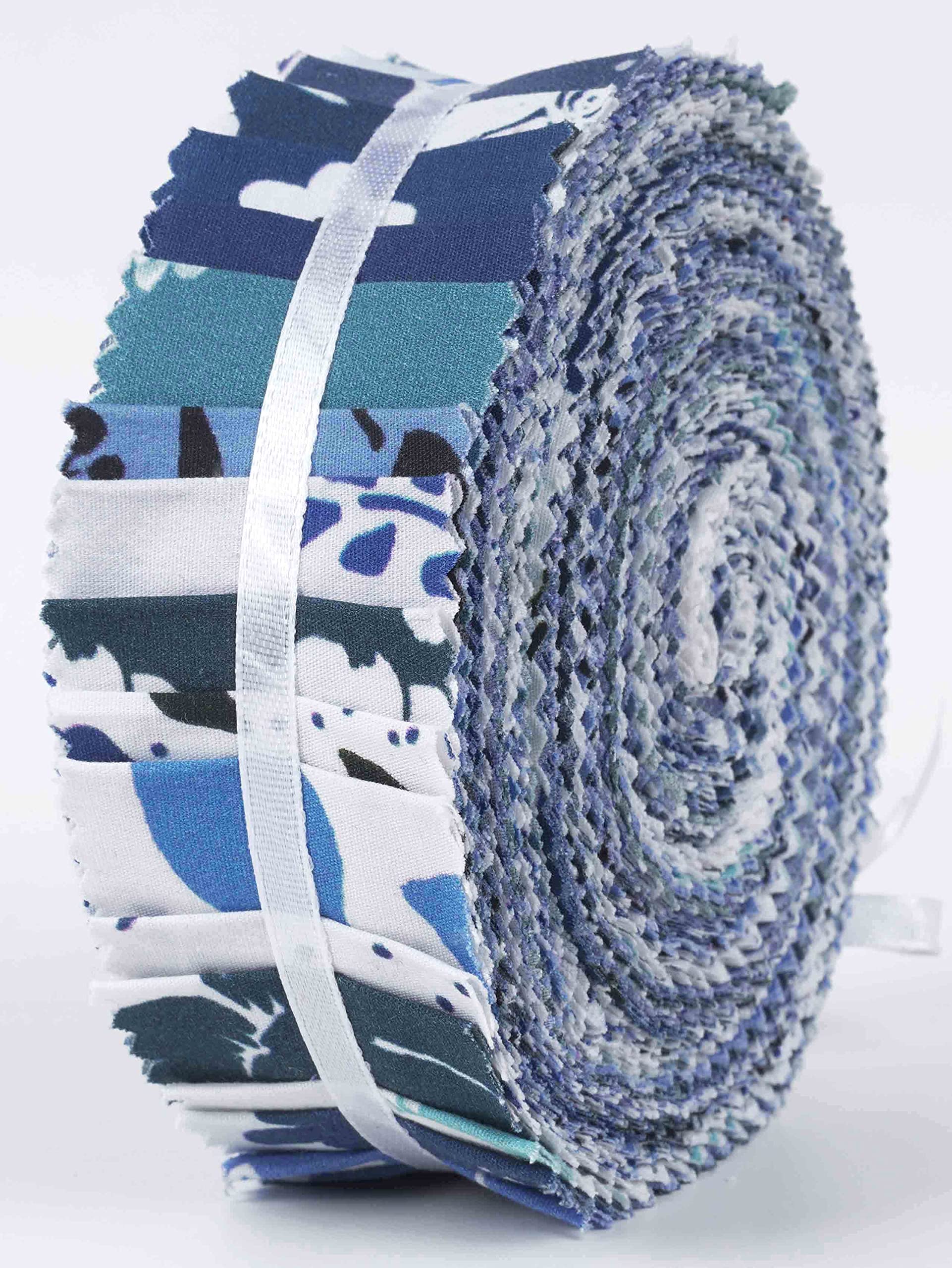 Soimoi 40Pcs Floral Artistic Print Precut Fabrics Strips Roll Up 1.5x42inches Cotton Jelly Rolls for Quilting - Blue