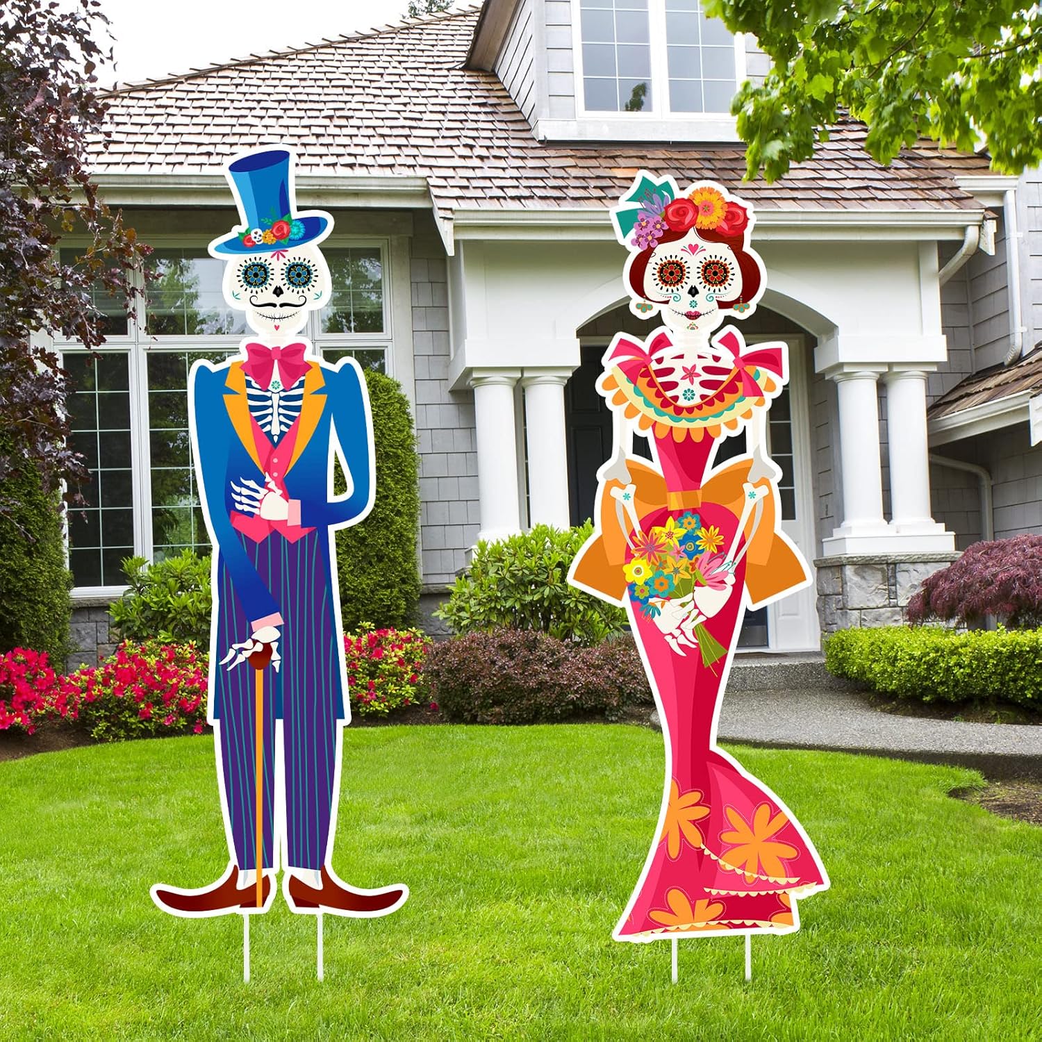 Yard Signs - Namalu 2 Pack Day of The Dead Yard Signs Dia De Los Muertos Outdoor Lawn Decorations Sugar Skull Yard Signs with Stakes for Mexican Fiesta Halloween Party Supplies Lawn Garden Decor