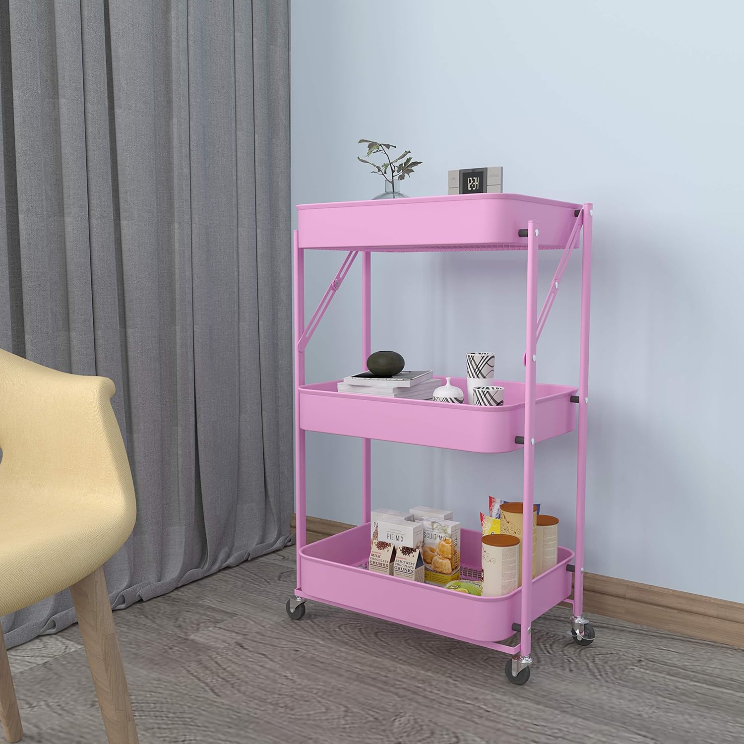 3-Layer Movable and Foldable Metal Storage Cart with Wheels Without Installation, Pink(17.71Lx11.61Wx28.34H) : Office Products