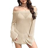 MAKABO Women's Beach Cover Up Crochet Knit Mesh Dress with Drawstring, Hollow Out Sexy Bikini Cover for Vacation