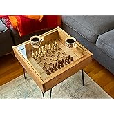 Rustic Chess and Checkers Coffee/End Table with Removable Glass top - Full Set of Chess and Checkers Pieces Included.