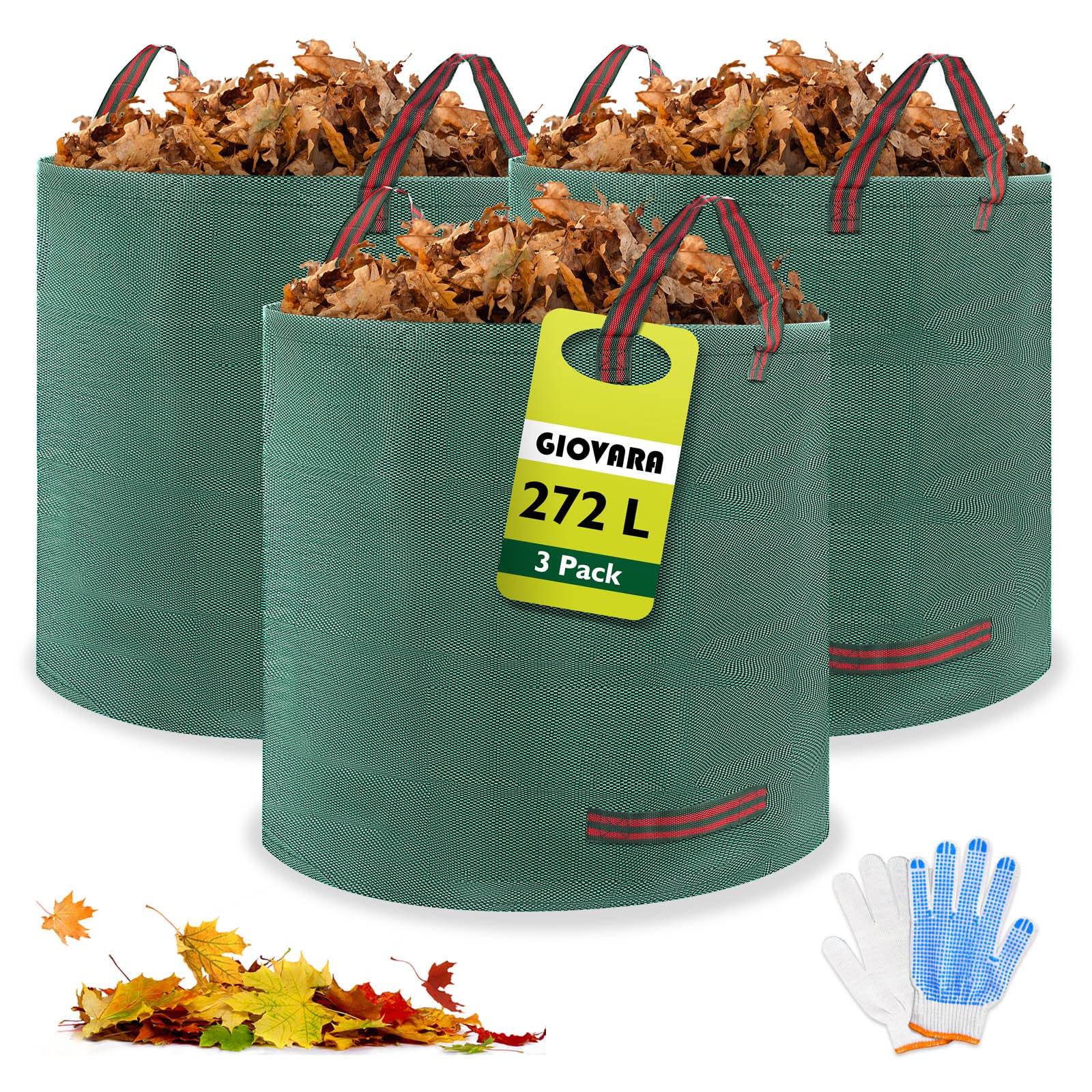 GIOVARA Heavy Duty Garden Waste Bags 272L x 3 Reinforced Reusable Sacks with Handles, Tear-Resistant Garden Storage Bags for Grass Clippings, Leaves, Green Waste