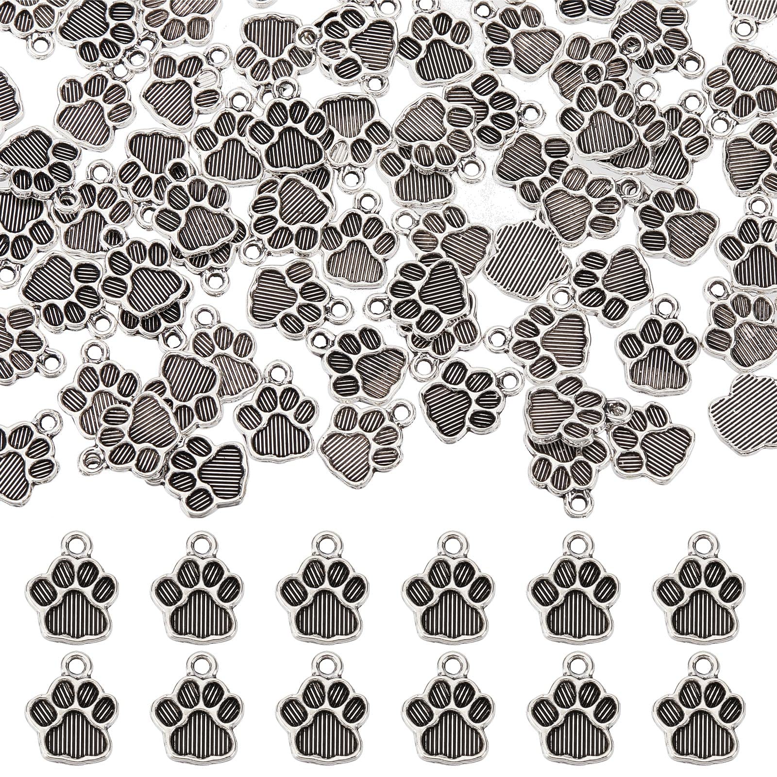 SUNNYCLUE 1 Box 100Pcs Dog Paw Charms Paw Print Charms Bulk Vintage Style Antique Silver Puppy Footprint Charm Animal Pet Metal Cat Paw Charms for jewellery Making Charm DIY Necklace Earrings Supplies