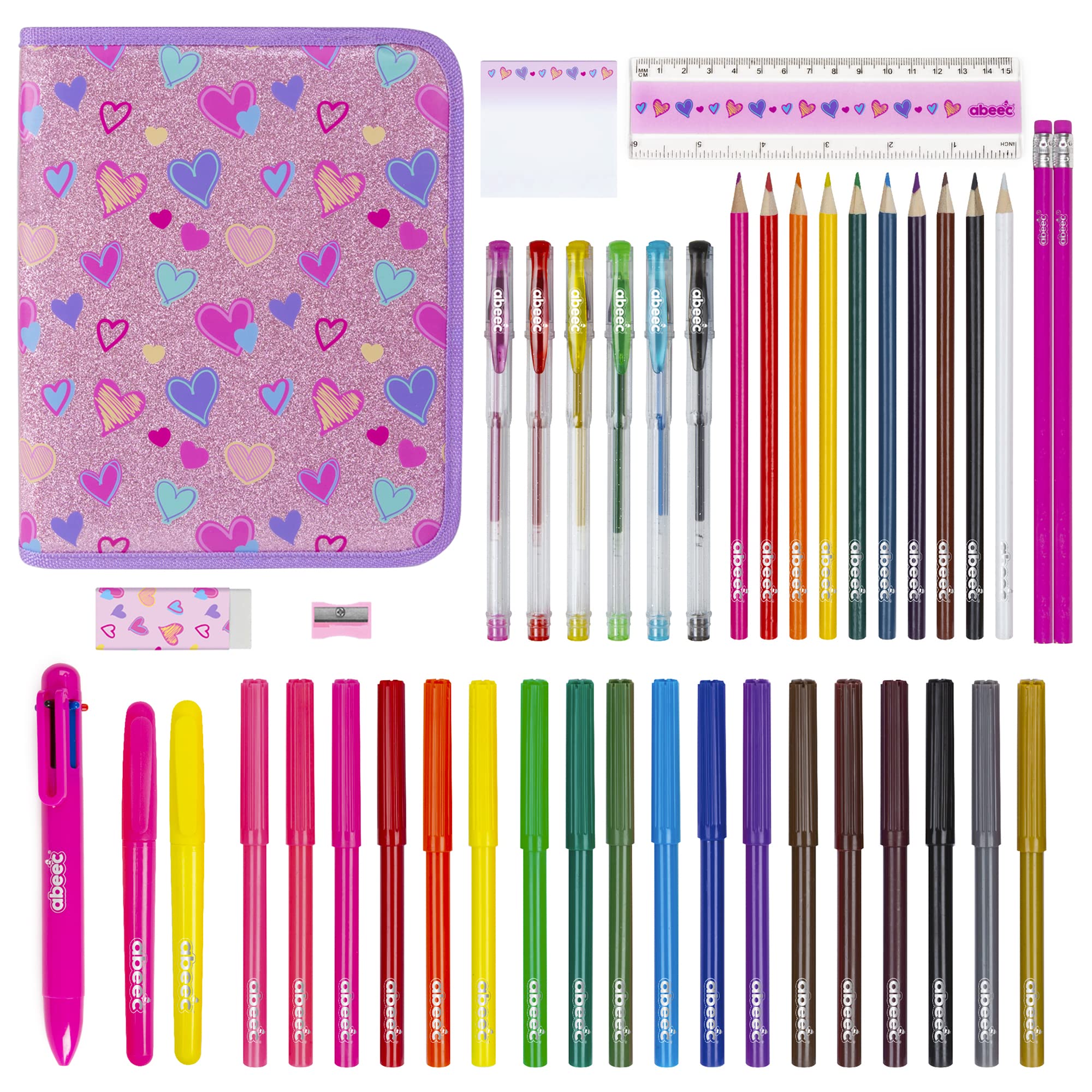 abeec 44-Piece Glitter Pencil Case – Girls' Stationery Set with Felt Tip Pens, Colouring Pencils, Gel Pens – Back-to-School Supplies – Ideal Gifts for Girls