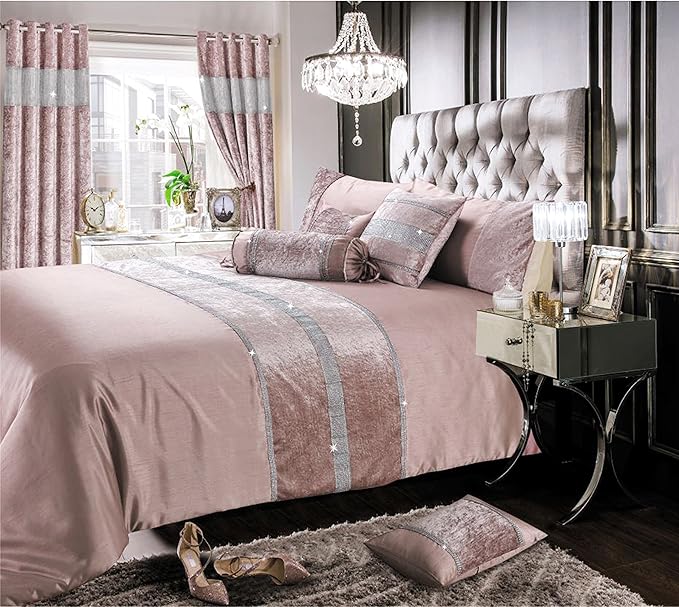 Luxury Sparkle / Bling Crushed Velvet Diamante Faux Silk Bedding Set