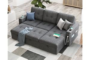 AMERLIFE 84 Inch Pull Out Sofa Bed, Sleeper Sofa Bed with 2 USB Ports & Cup Holders, Tufted L Shape Sectional Sofa Bed with Storage Chaise- Dark Grey