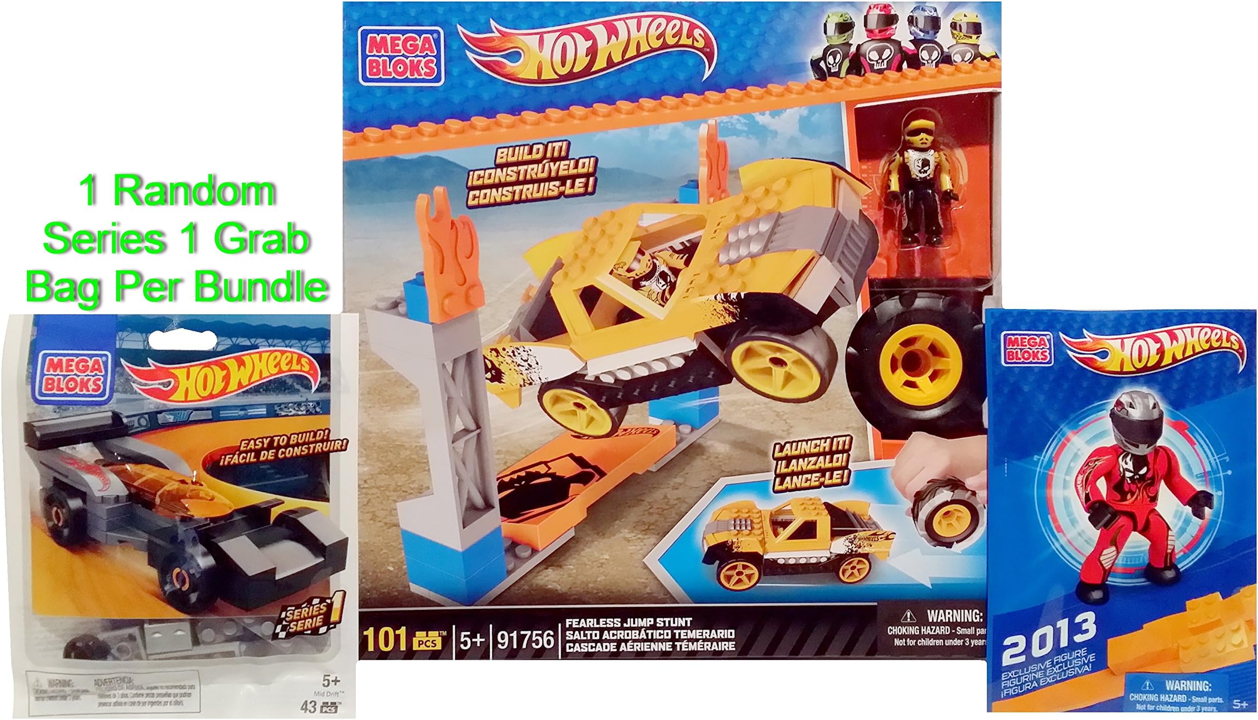 Mega Bloks Hot Wheels Bundle - Fearless Jump Stunt Set + 2013 SDCC Exclusive Team Red Driver Figure Pack & 1 Random Super Racers Series 1 Grab Pack (1 of Each)