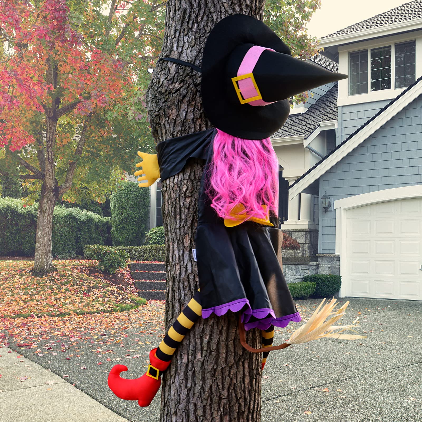 POPGIFTU 130cm Halloween Crashing Witch into Tree – Pink Flying Witch Hanging Prop for Garden, Front Porch, Door, Indoor & Outdoor Halloween Décor