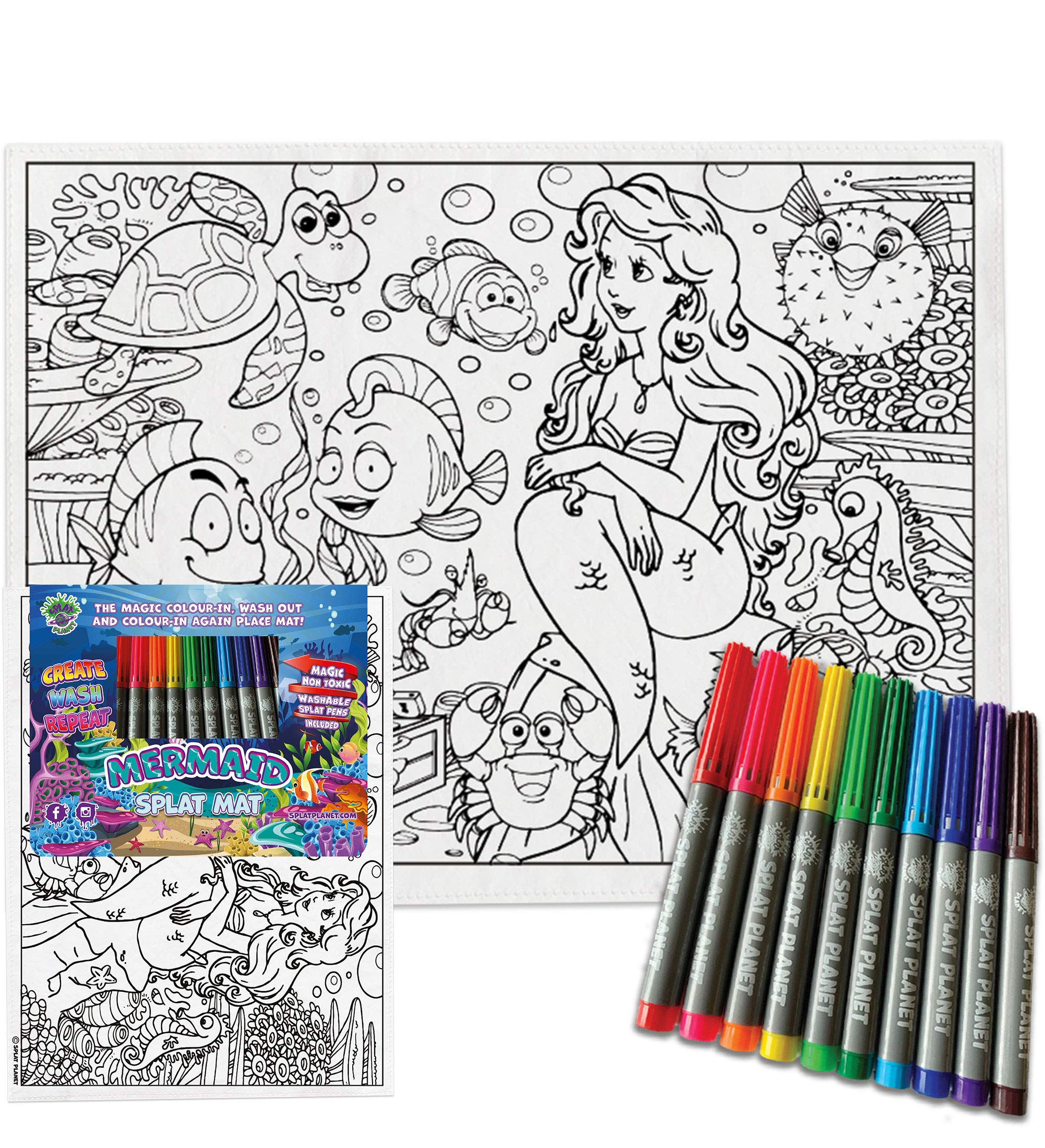 Splat planet Colour in Mermaid Sea life cotton Toddler placemat with 10 non-toxic washable magic pens - Colour in and wash out place mat