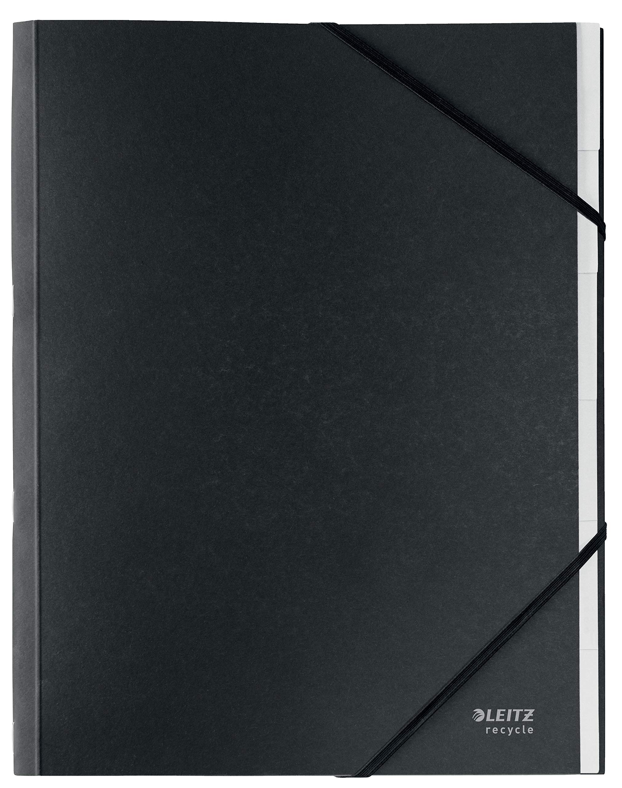 Leitz A4 Card Divider Book File, Integrated Index with 6 Compartments, Elastic Band Closure, 100% Recyclable, Eco Friendly, Recycle Range, 39140095, Black