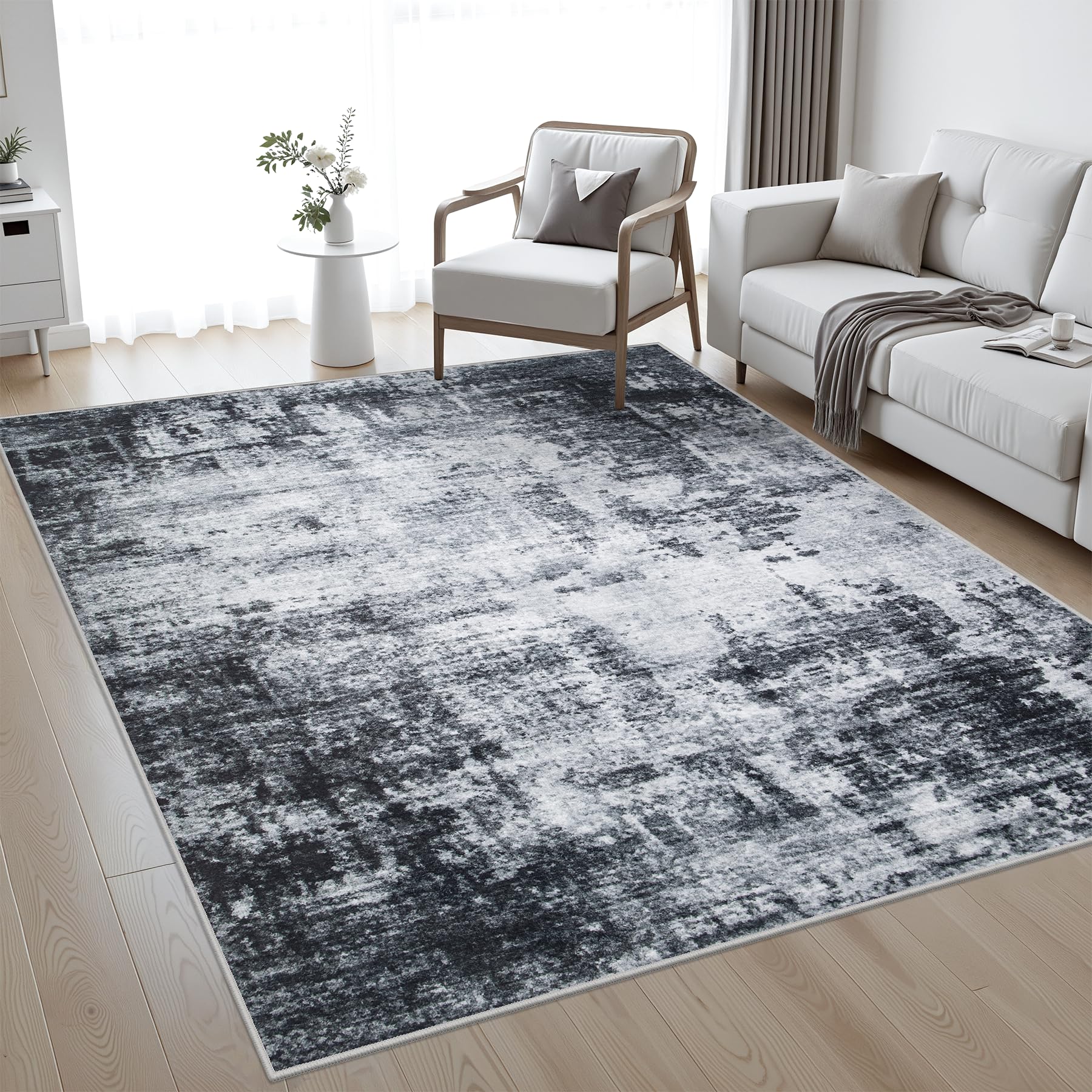 4x6 Area Rug Living Room Rug: Washable Modern Abstract Soft Thin Rug Indoor Floor No Slip Stain Resistant Carpet for Bedroom Dining Room Farmhouse Nursery Home Office - Dark-Black Image