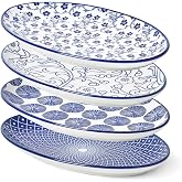 Selamica Ceramic Serving Plates, 10 Inch Oval Dinner Plates Set of 4 | Small Serving Dishes for Entertaining, Sushi, Fruit, Microwave &amp; Dishwasher Safe, Vintage Blue