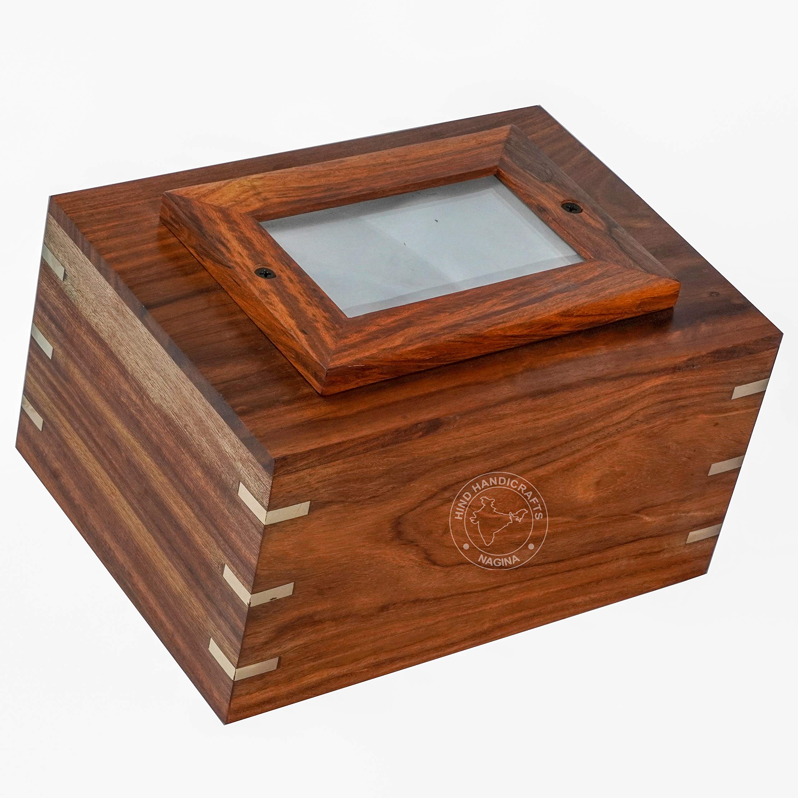 HIND HANDICRAFTS Rosewood Photo Urn for Human Ashes | Handcrafted Wooden Cremation Memorial Box | with Brass Inlay and Picture Frame – 250 cu in – Natural Finish