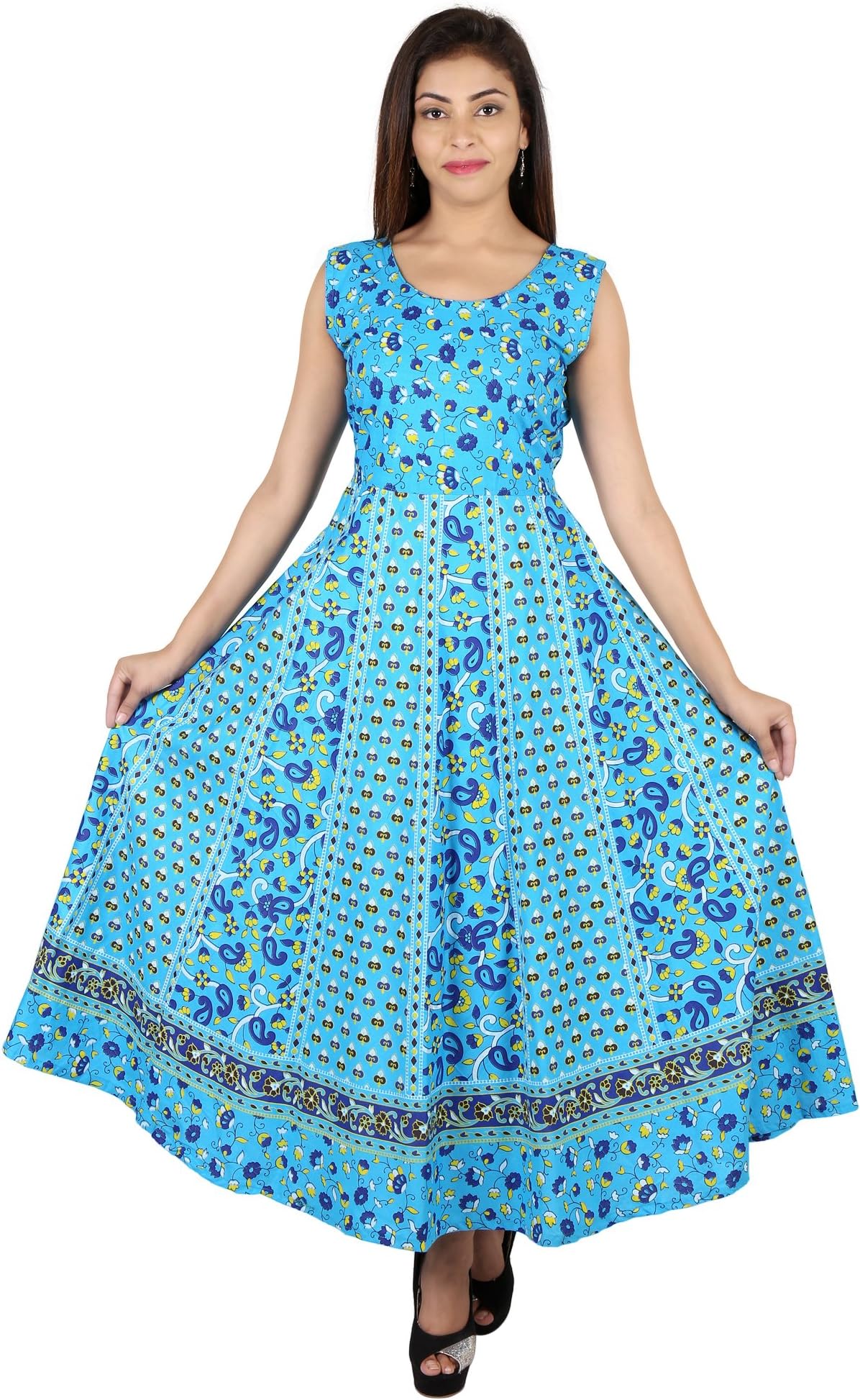 DANADIPA Women's Cotton Long Semi-Stitched Fabric Jaipuri Printed Maxi (Blue_ Free Size)