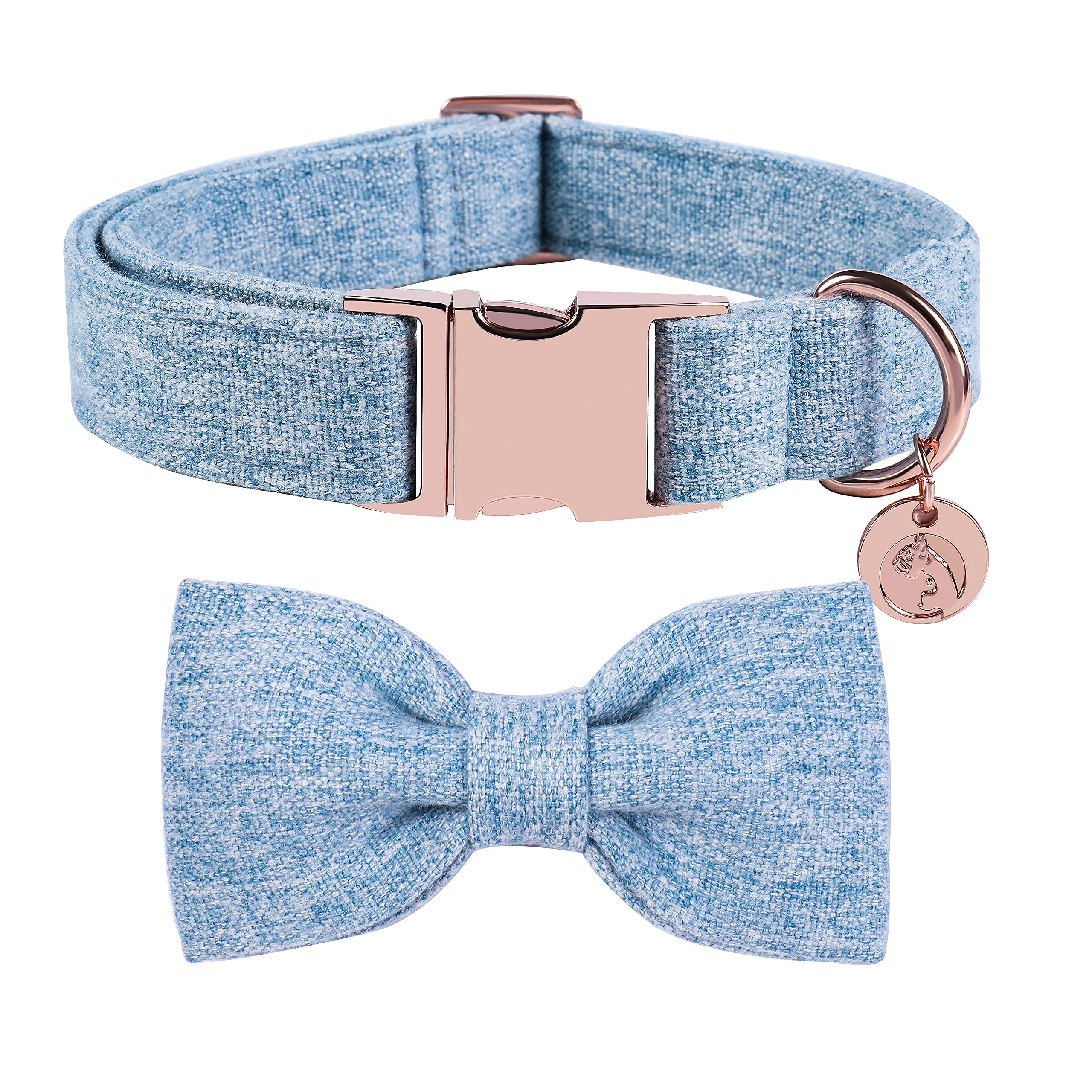 DOGWONG Cotton Dog Collar with Bow Light Blue Pet Collar Durable Adjustable for Medium Large Dogs