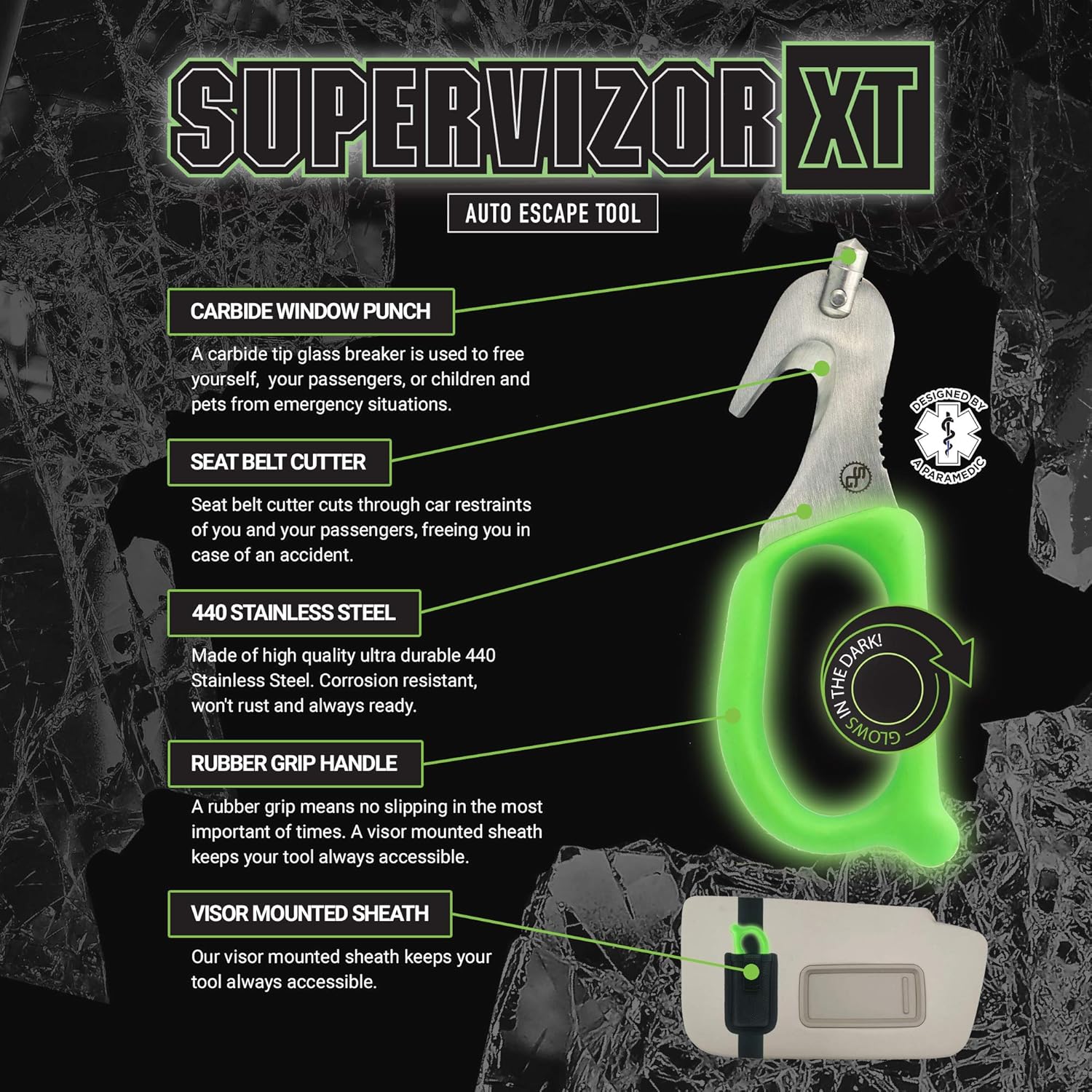 StatGear SuperVizor XT Auto Emergency Rescue Escape Tool - Seatbelt Cutter & Window Glass Breaker Hammer Survival - Mounts Right to Your Sun-Visor! Pack of 2: Automotive