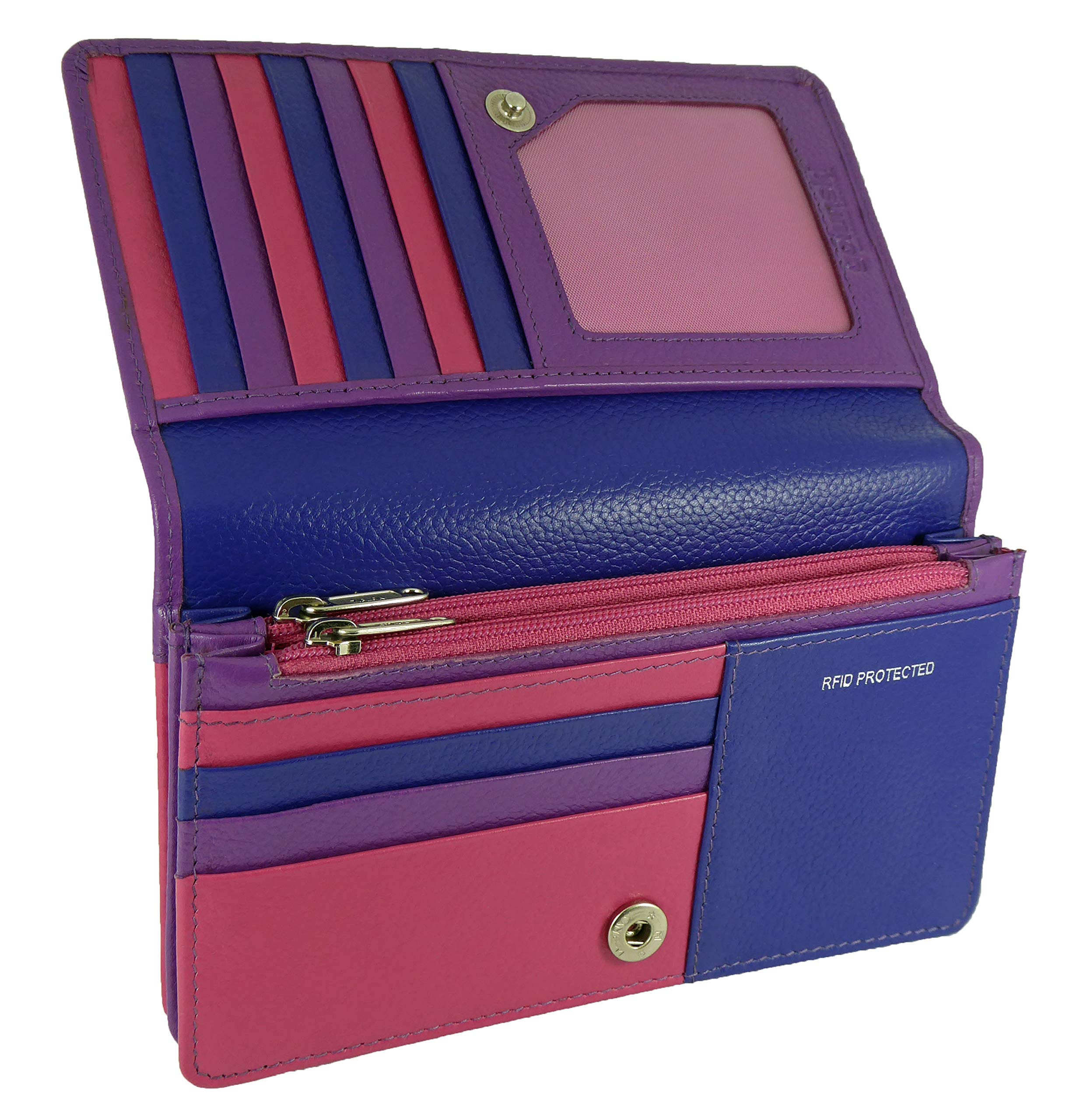 Ladies RFID Leather Flapover Matinee Organiser Purse for 14 Cards, Notes/Coins (Purple/Pink Multi)