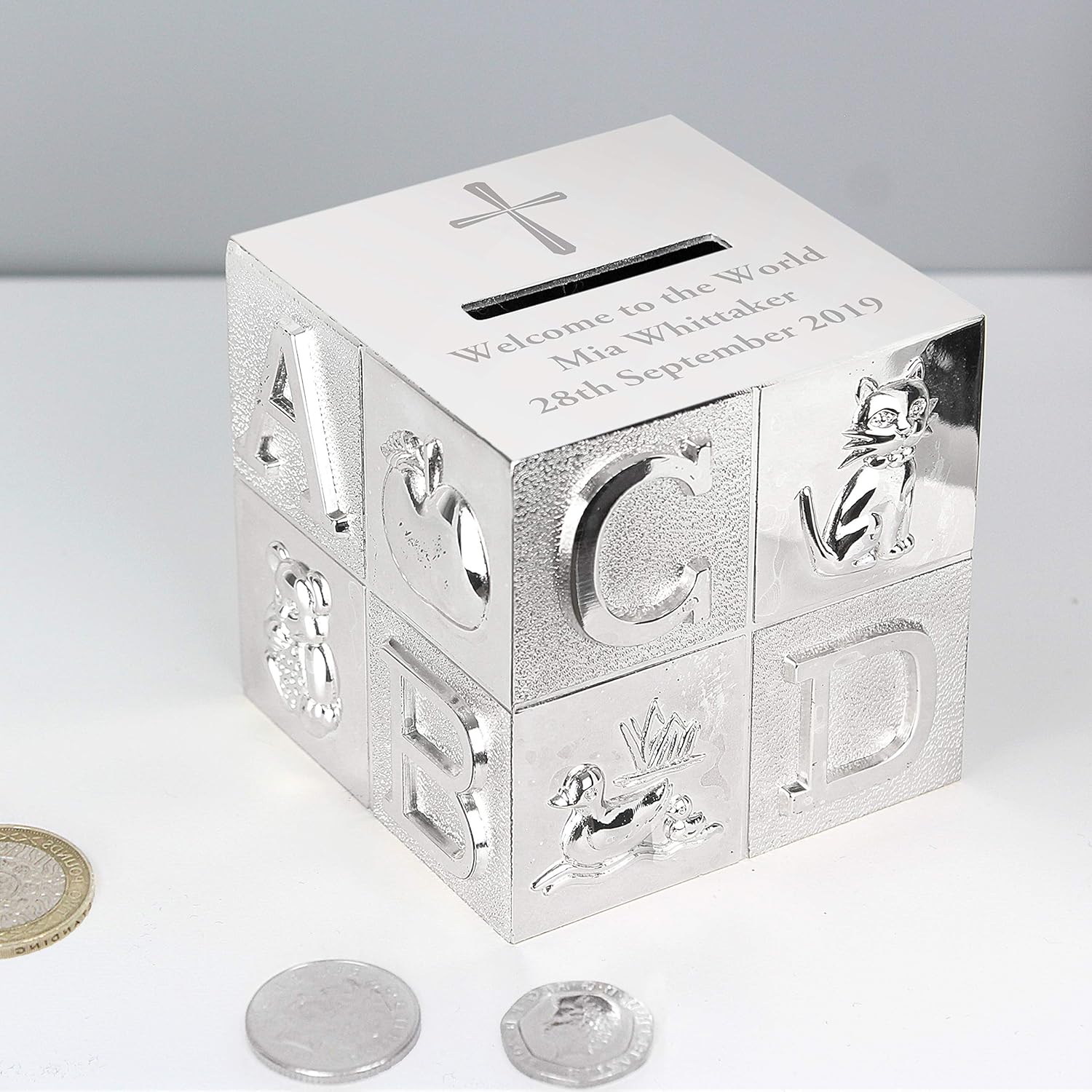 for Girls Boys Baptism 1st Birthday Gift Money Bank ABC Cross Silver