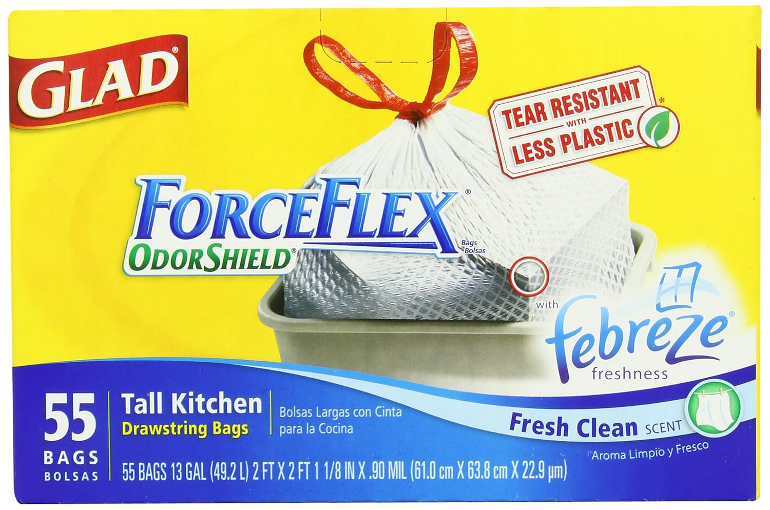 Amazon.com: Glad Forceflex Tall Kitchen Drawstring Clean Scent Odorshield Garbage Bags, 55 Count: Health & Personal Care