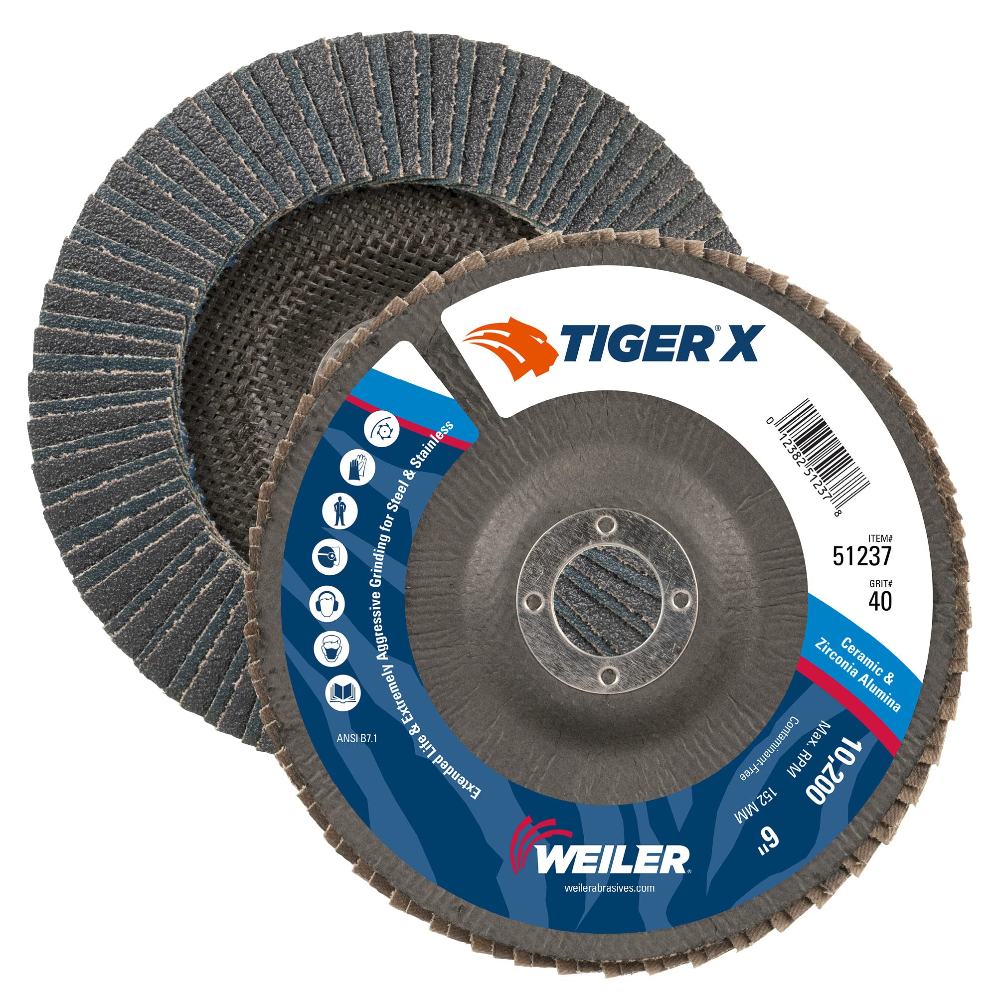 Weiler 51237 6″ Tiger X Flap Disc, Angled (TY29), Phenolic Backing, 40Z, 7/8″ Arbor Hole (Pack of 10)
