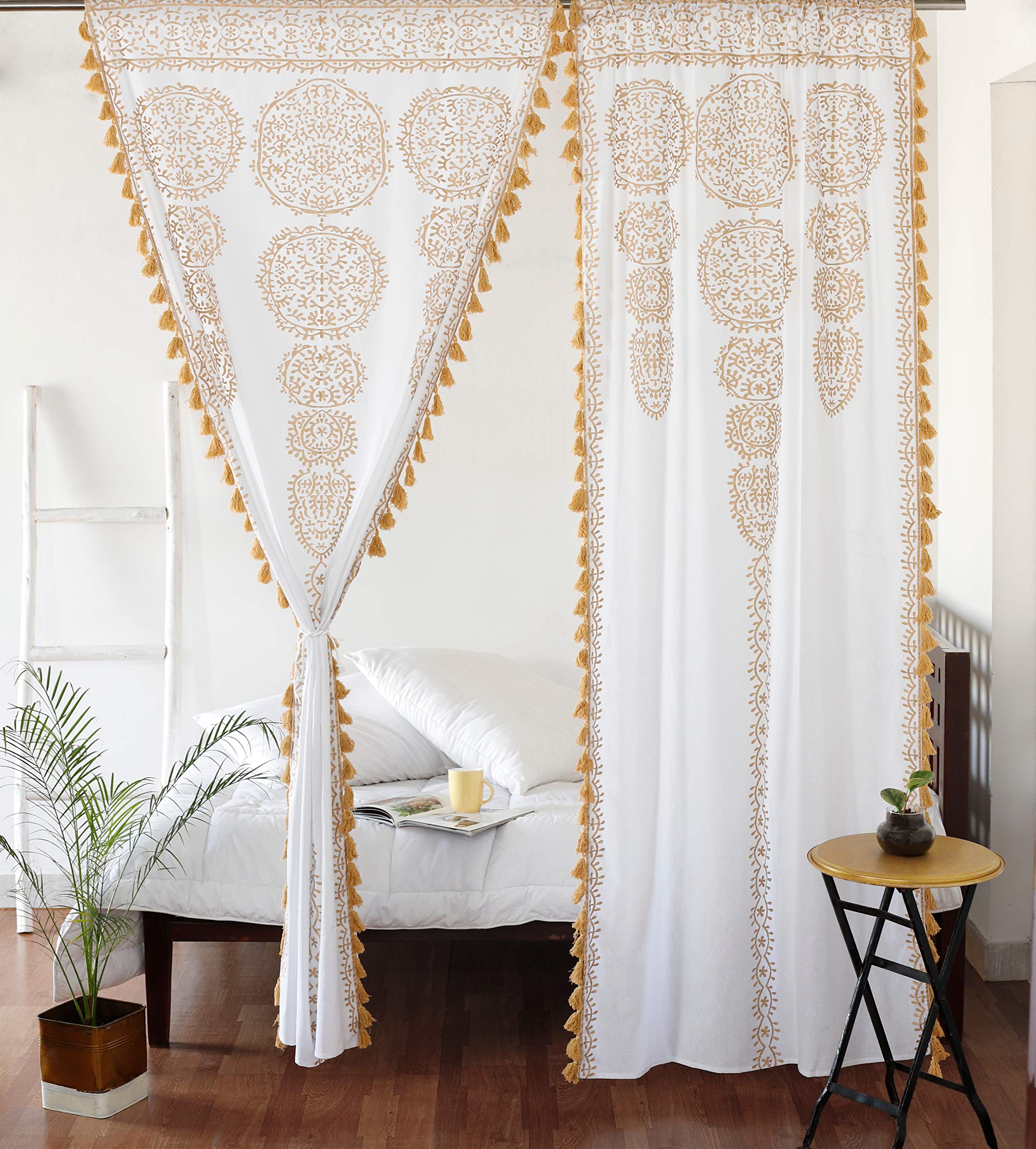 Labhanshi Moroccan Medallion Window Curtains Floral Mandala Indian Tapestry Balcony Decoration Wall Hanging Divider with Lace Tassels