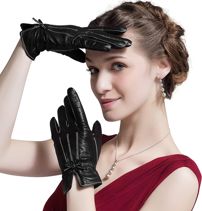 Women's Winter Gloves Lined Thick Leather Gloves with Bowknot at Amazon Women’s Clothing store