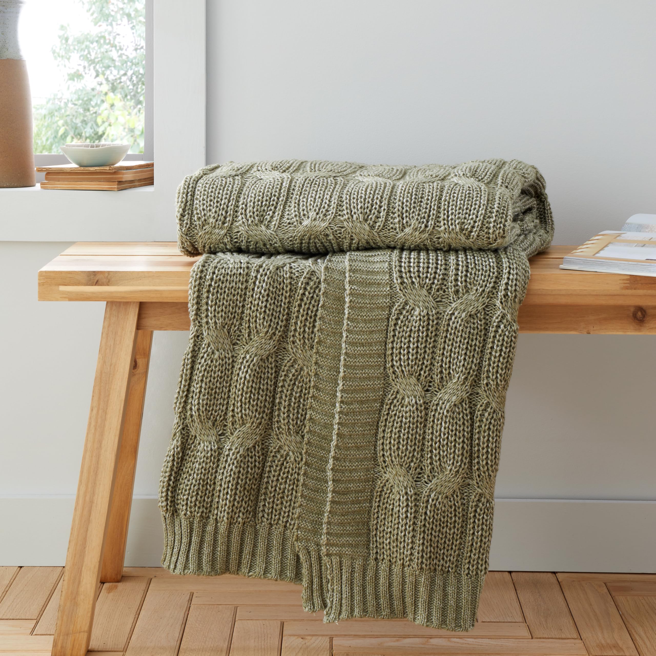 Catherine Lansfield Chunky Marl Knit Cosy, 130x170 cm, Blanket Throw, Olive Green — image 1