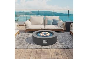 UPHA 42-inch Outdoor Propane Gas Fire Pit Table 50000 BTU Iron Round Fire Pit for Outside Patio with Propane Tank Cover, Removable Lid, Blue Fire Glass, Rain Cover, Grey