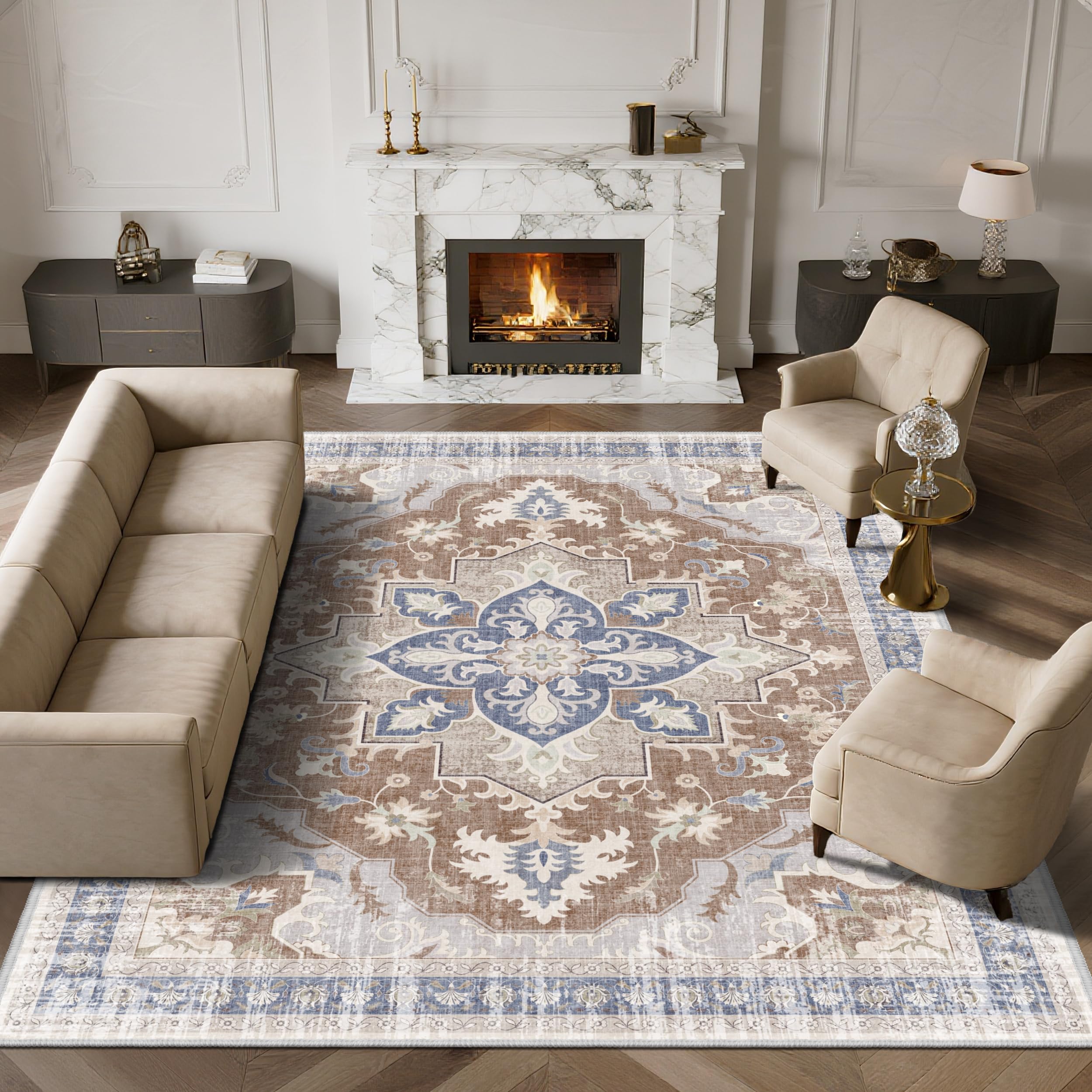TTelephant Washable Rugs 8x10, Soft Non-Slip Vintage Medallion Rug, Low-Pile Printed Area Rug Carpet for Living Room, Bedroom, Dining Room -Camel Image